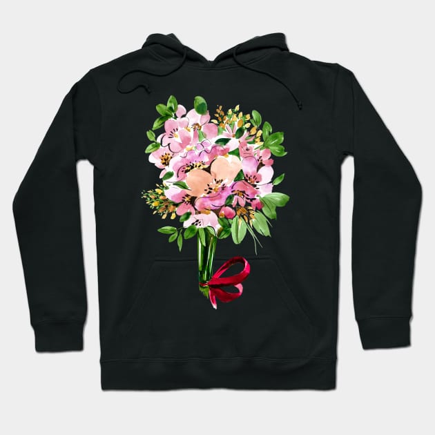 Pink Flowers Bouquet with red ribbon, watercolor Hoodie by IngaDesign